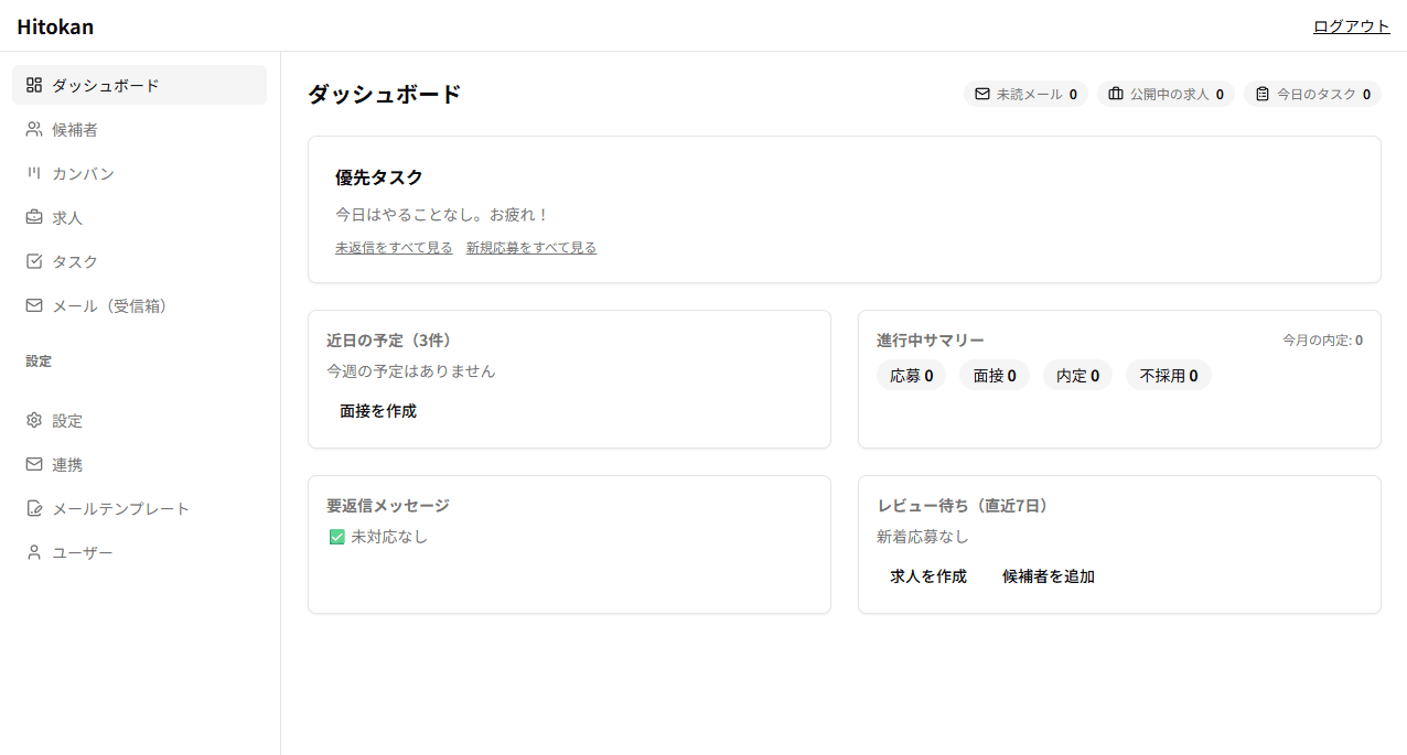 採用状況をまとめて確認できる Hitokan ATS のダッシュボード画面